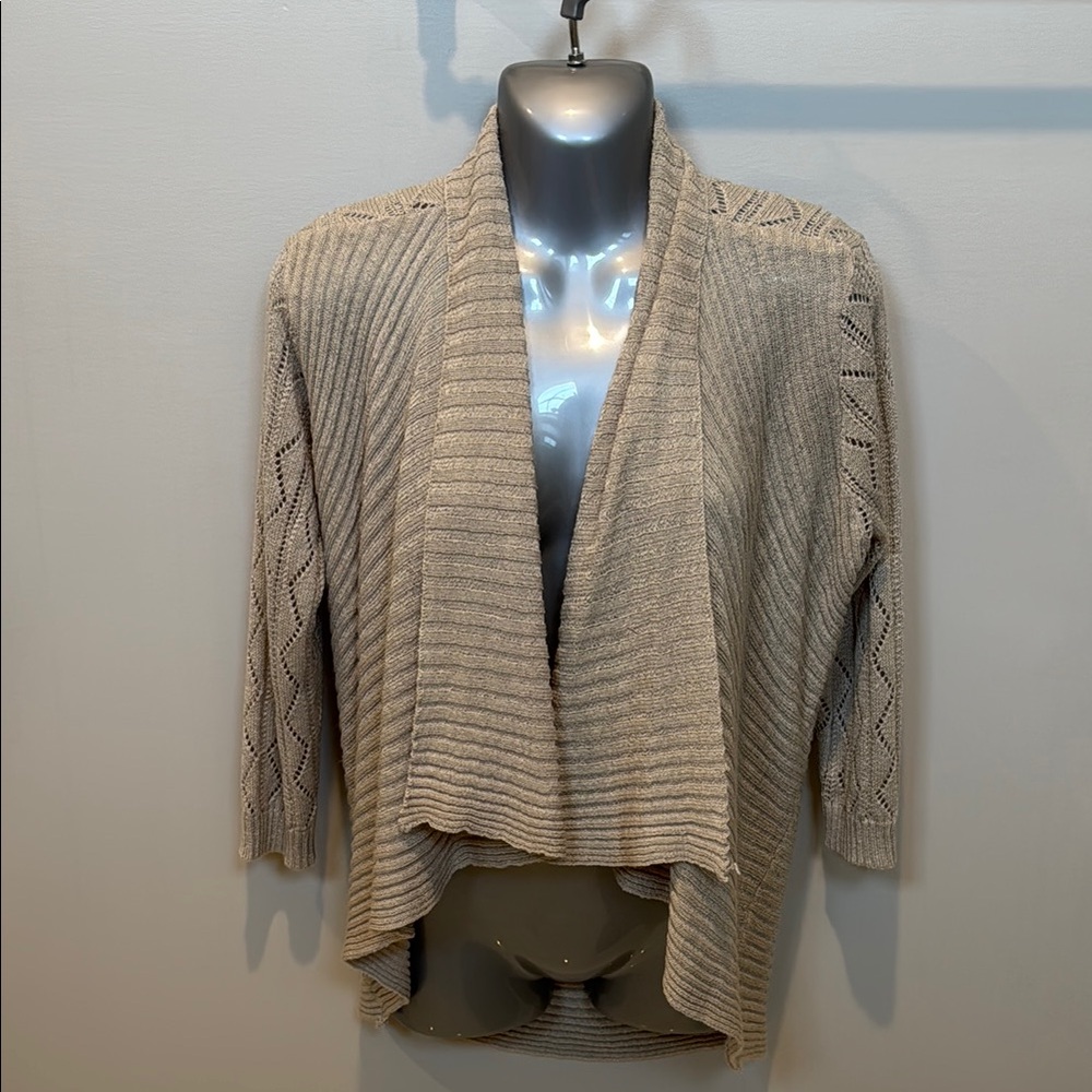 Tan Ribbed Knit Open-Front Cardigan